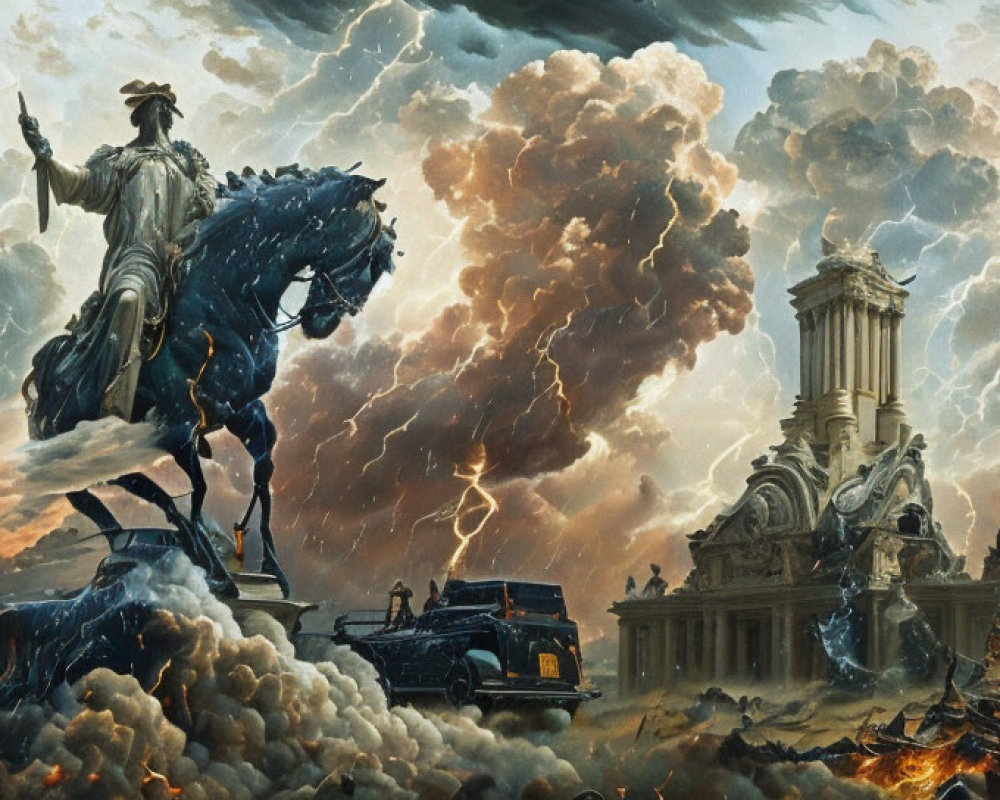 Dramatic statue scene with horse figure, chariots, stormy skies, lightning, ruins