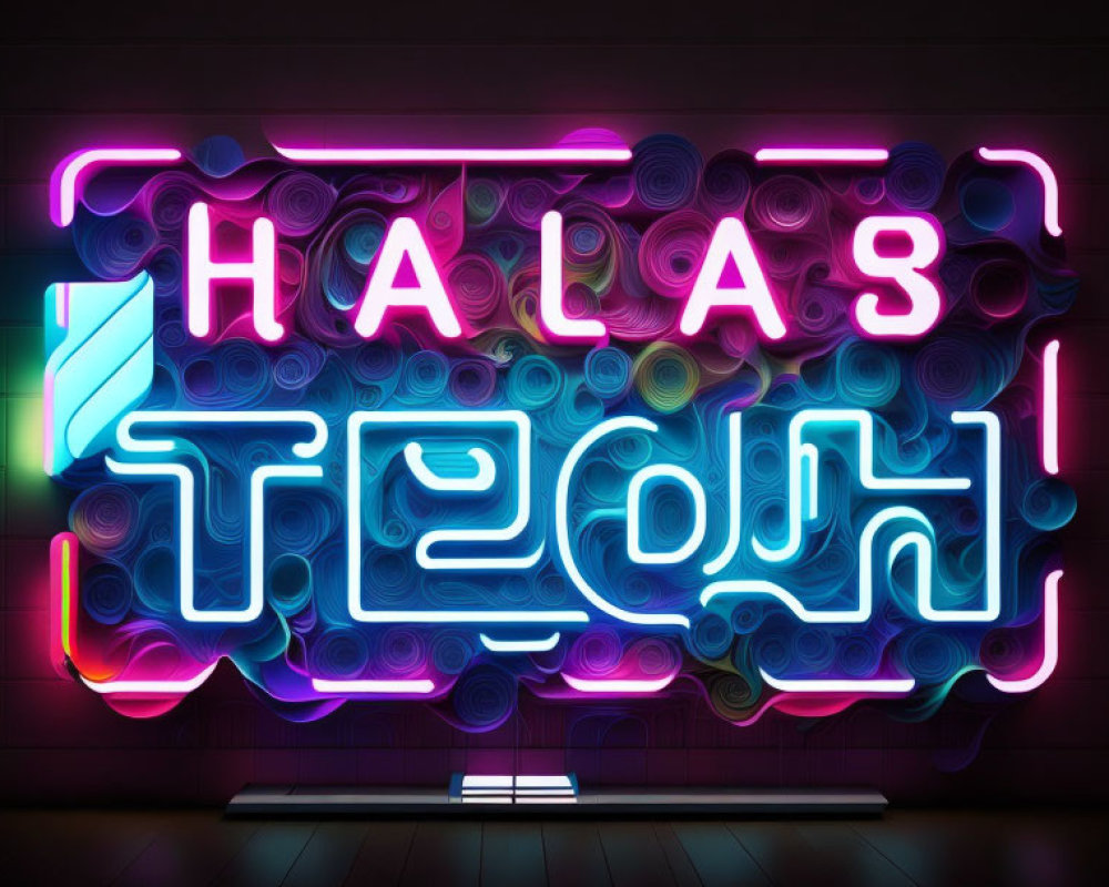 Colorful neon sign "HALAS TECH!" on dark wall with circular patterns
