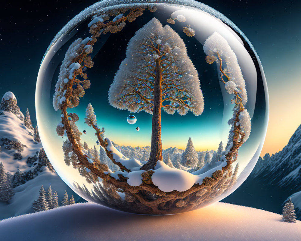 Surreal winter landscape with lone tree in transparent sphere