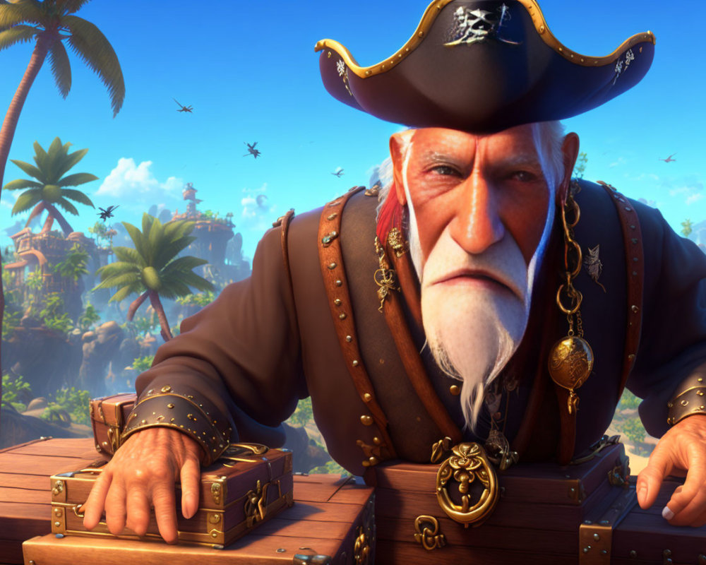 Elderly pirate with white beard on tropical island with treasure chests
