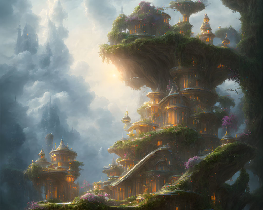 Golden-domed buildings in misty forest under glowing sunlight