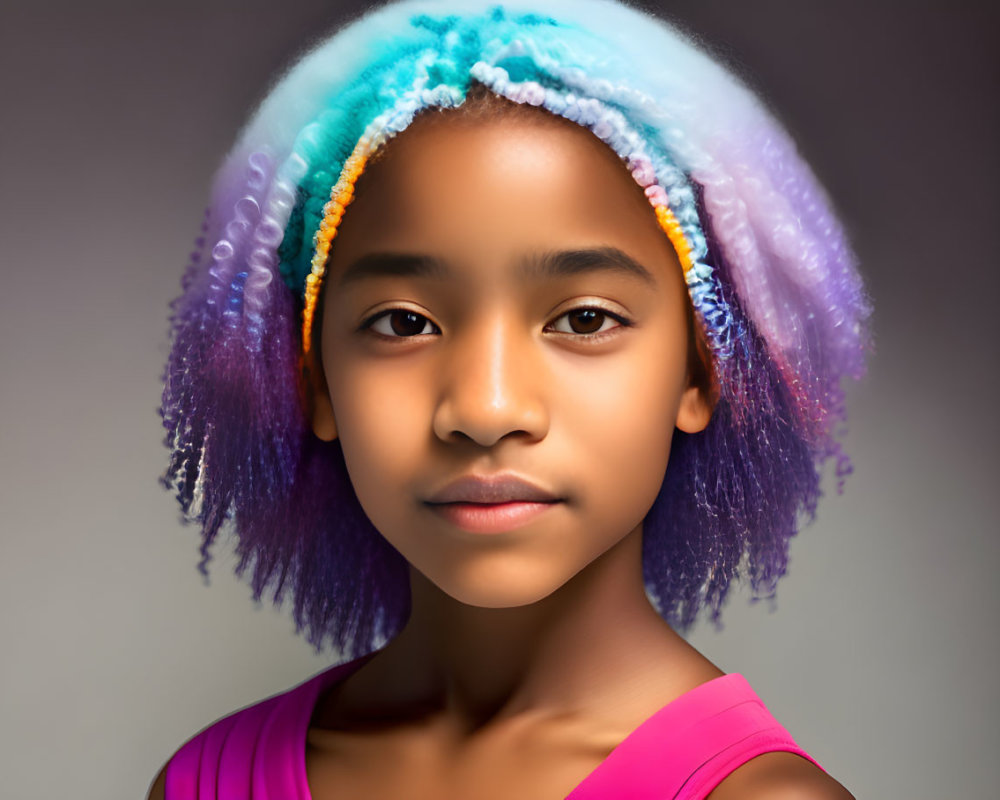Young girl with pastel braided hair and pink top smiling on gray background