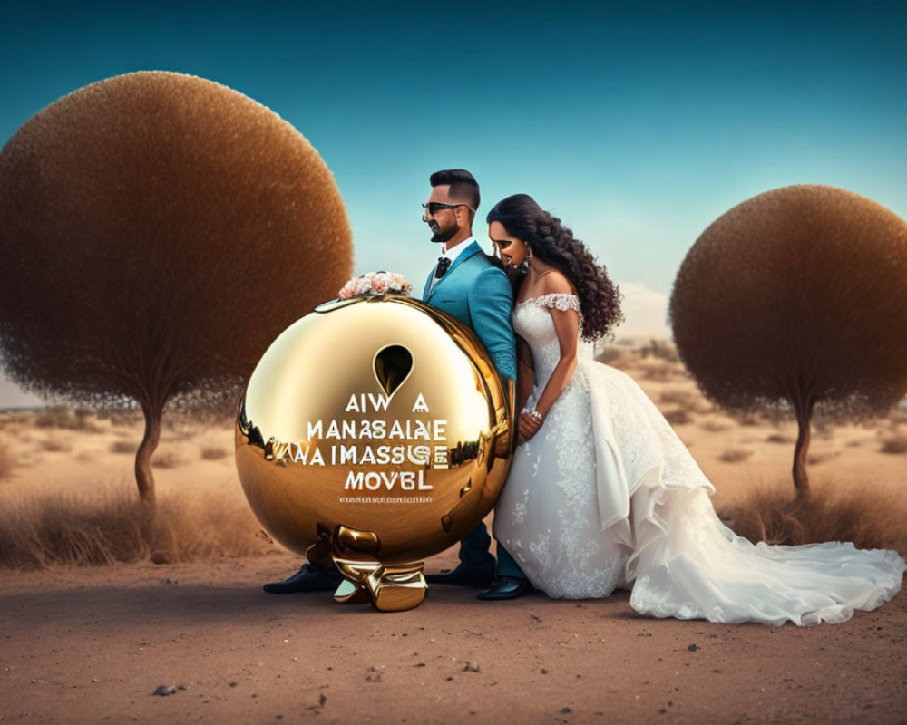 Stylized wedding photo: Bride in white, groom in suit, surreal golden sphere in desert scene