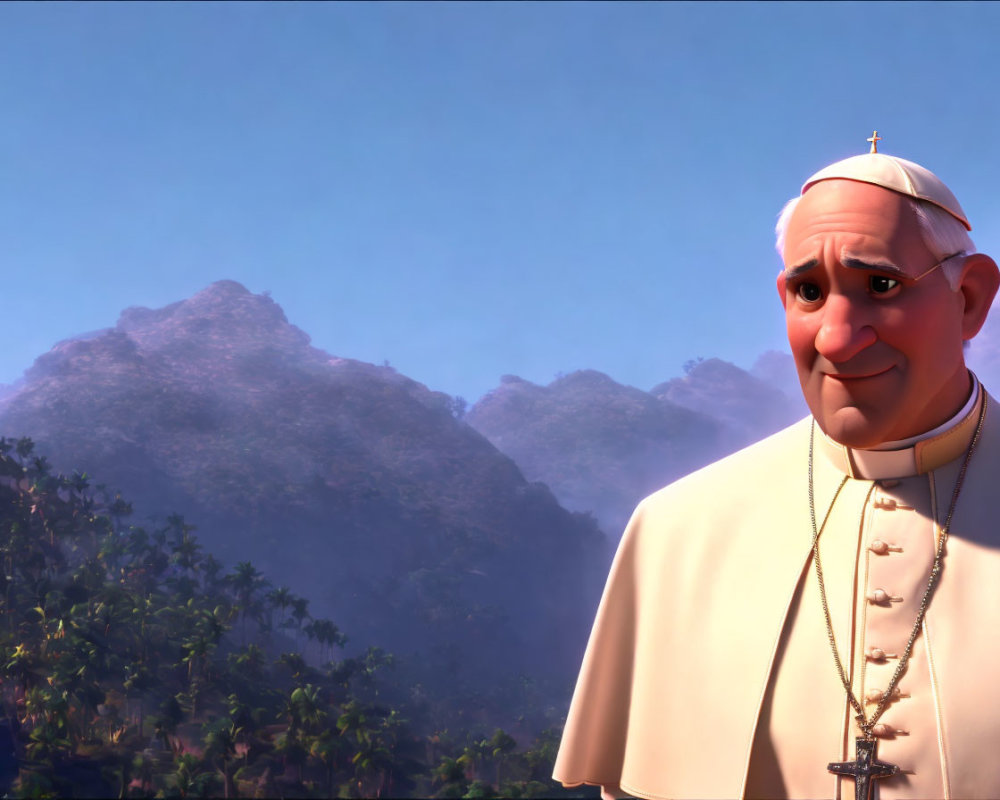 Animated character in white robes against tropical mountains