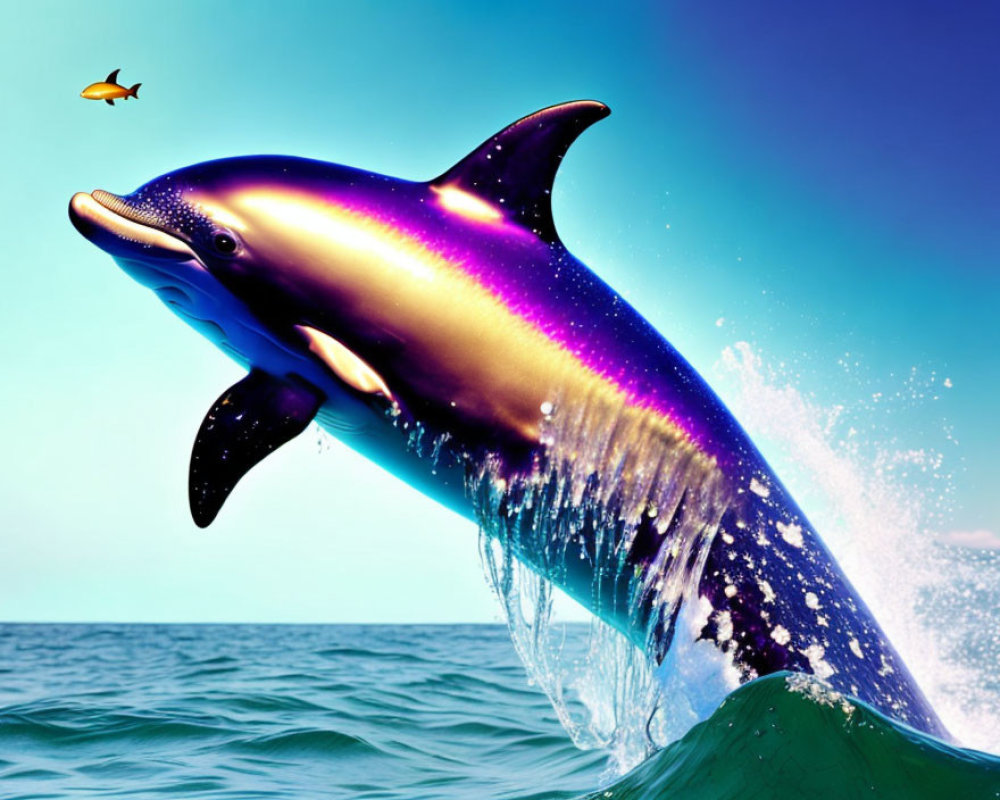 Colorful Dolphin Leaping from Ocean with Splashing Water