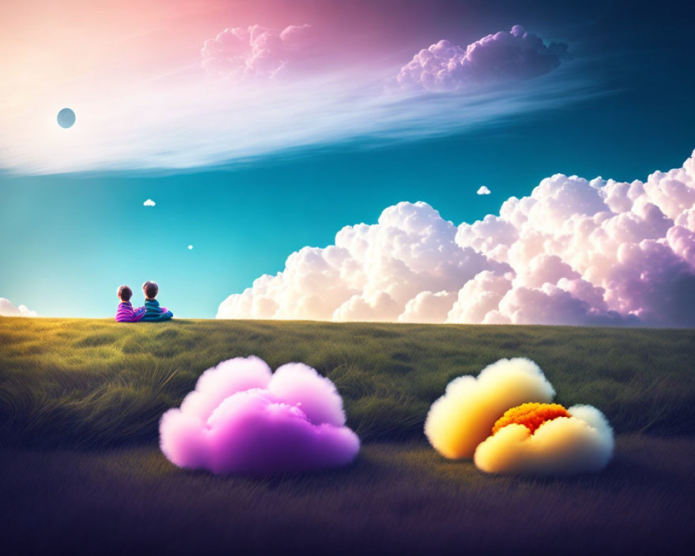 Children admiring vibrant sky on grassy hill in dreamlike scene