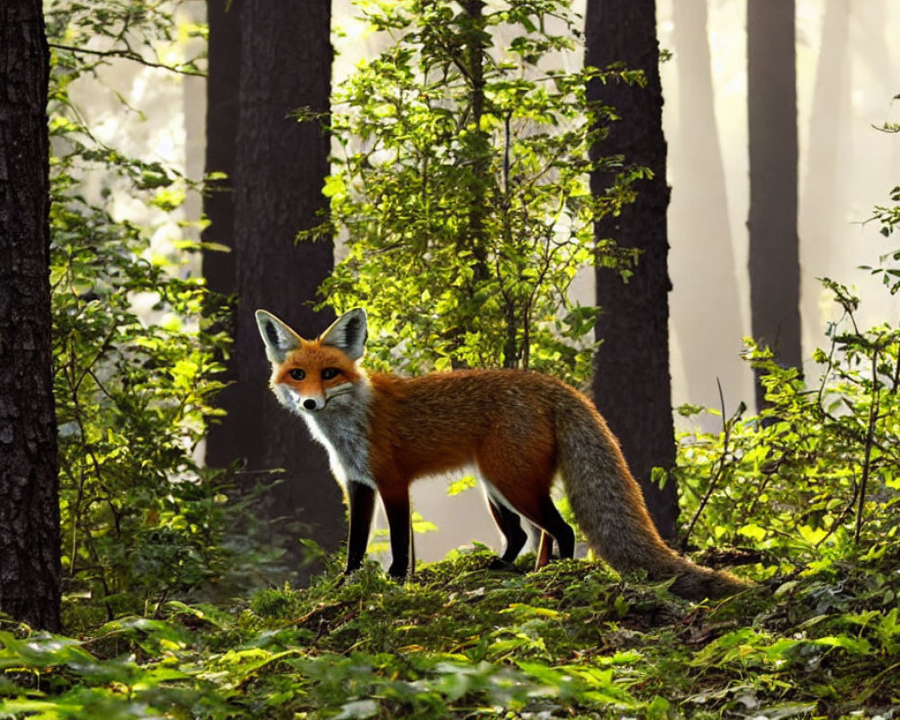 Fox in sunlit forest surrounded by trees and beams of light.