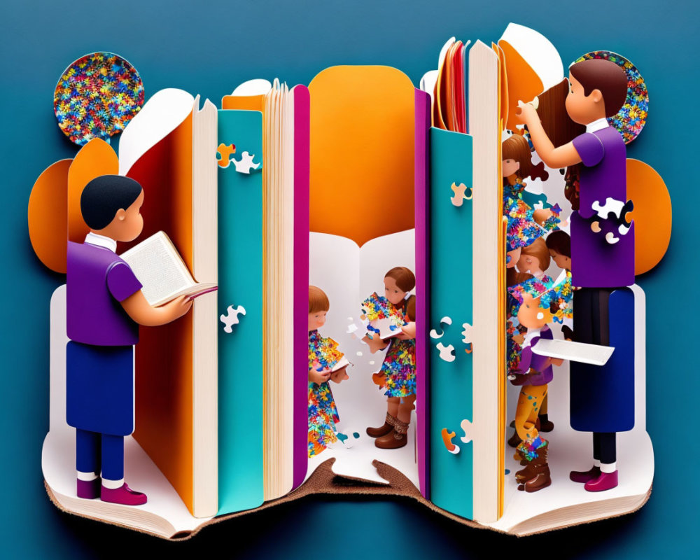 Children and teacher with oversized book and puzzle pieces symbolizing learning and problem-solving