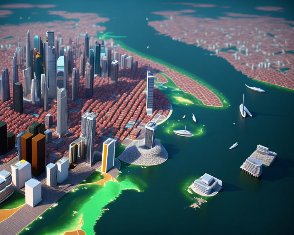Futuristic cityscape with skyscrapers, green spaces, waterways, advanced transportation, sustainable