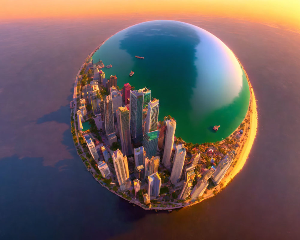 Panoramic coastal cityscape at sunset with urban globe illusion