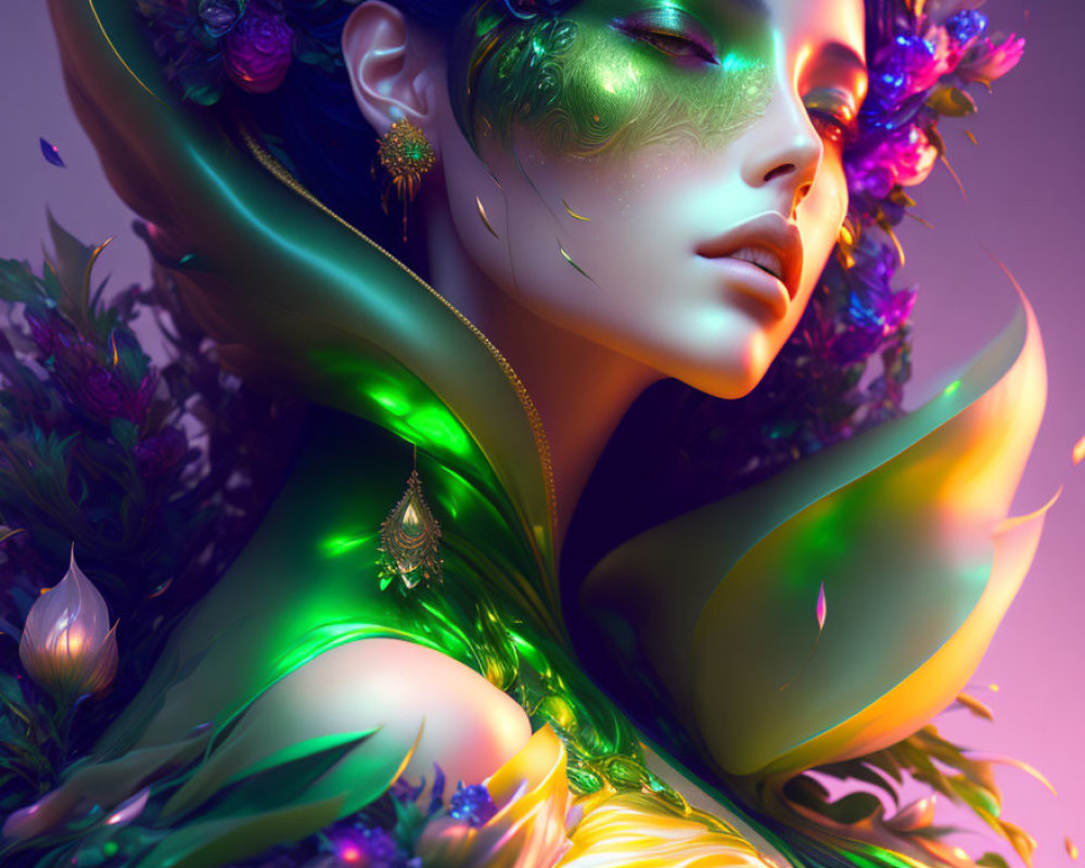 Vibrant green and floral adorned woman in a fantastical setting