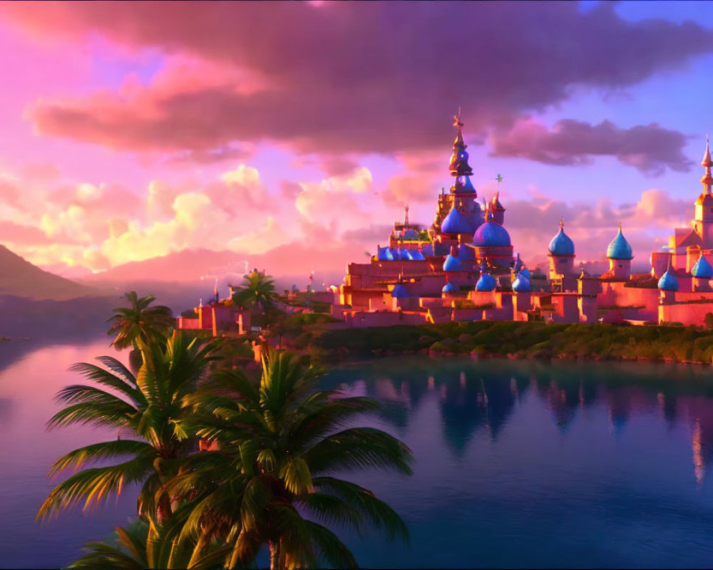 Fantasy castle with blue and pink spires by lake at sunset