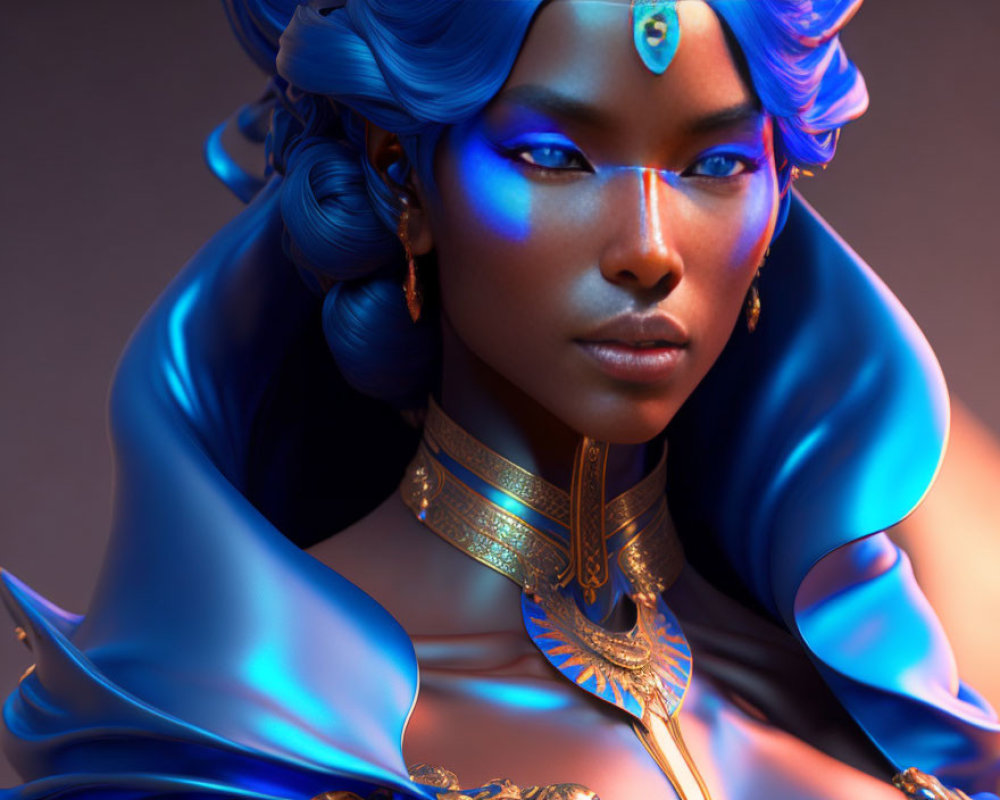 Digital artwork: Woman with blue skin, hair, golden jewelry, and mystical gem on forehead against warm