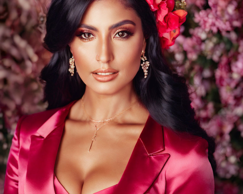 Woman in pink satin attire with red flower in hair and gold earrings posing against floral backdrop