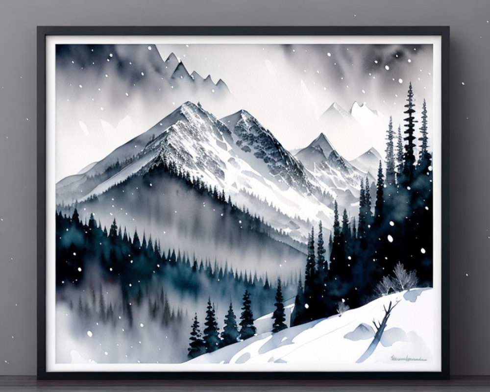 Snowy Mountain Landscape Watercolor Painting with Pine Trees and Starry Night Sky