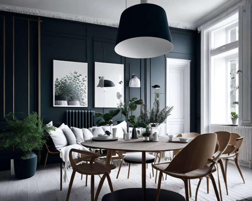 Dark Color Scheme Dining Room with Wooden Table & Modern Chairs