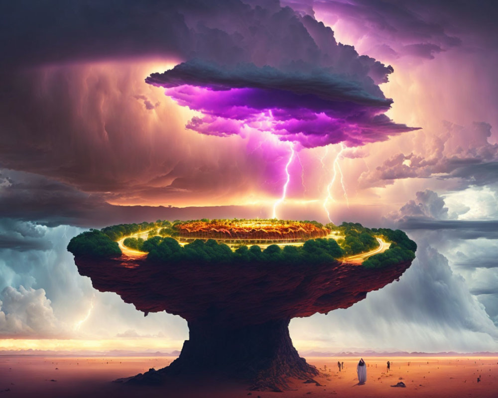 Fantastical floating island with glowing ring and purple lightning storm in dramatic sunset sky.