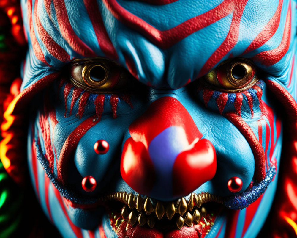 Close-up of person with vibrant blue and red tribal face paint and piercing eyes