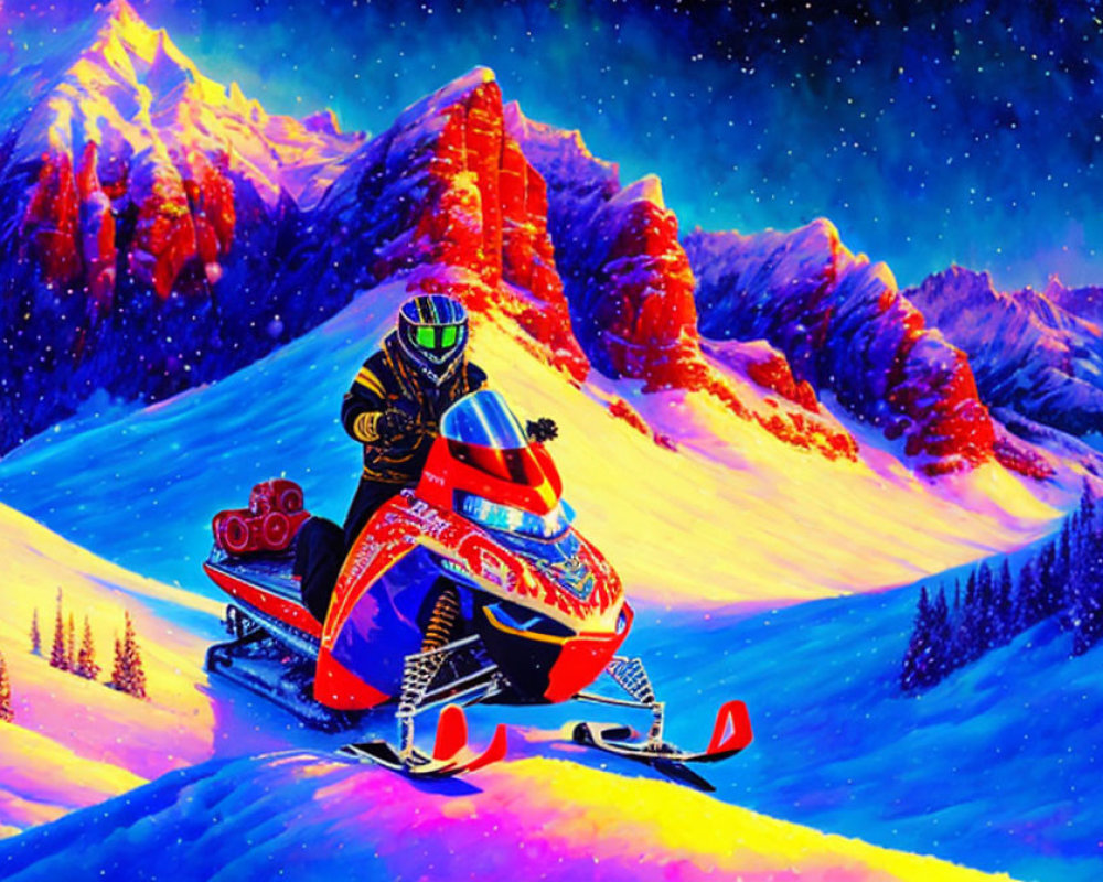 Colorful snowmobile riding down snowy hill with vibrant mountains and starry sky