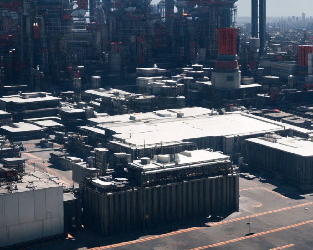 Industrial Complex with Buildings, Pipelines, and Tanks Amid City Skyline