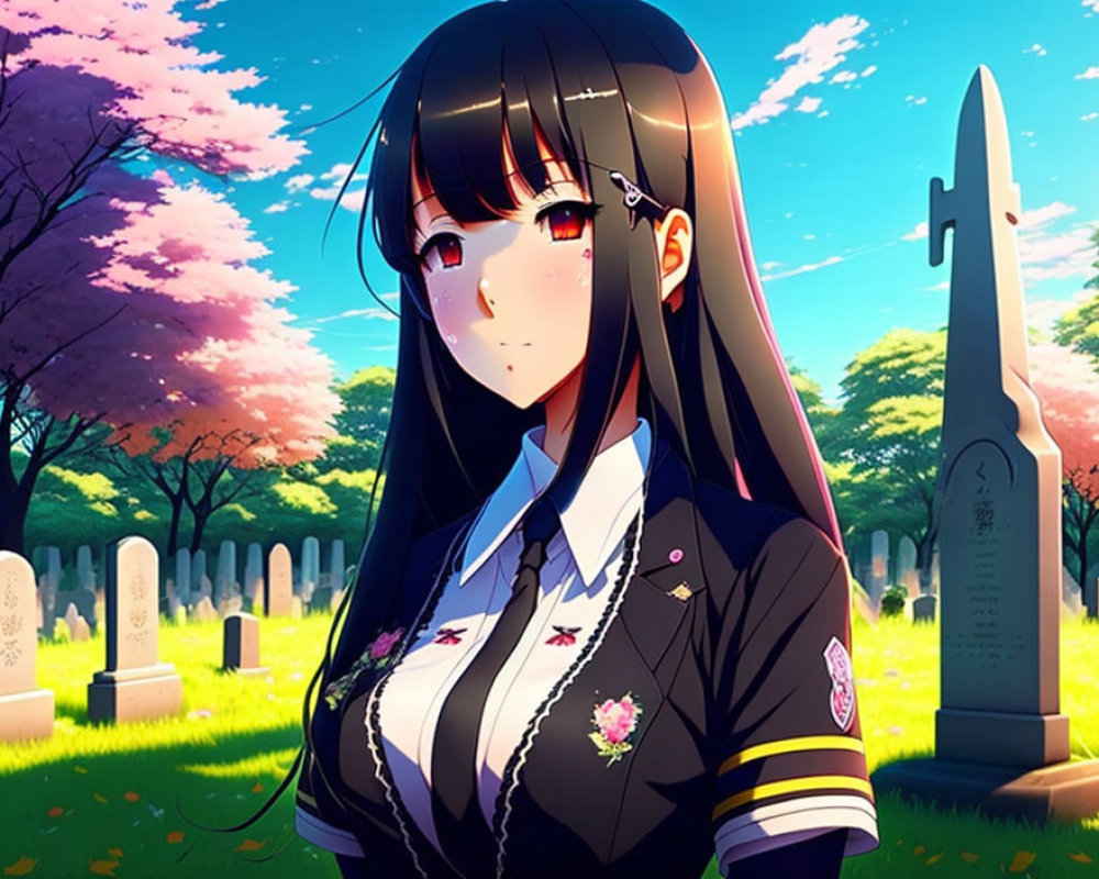 Long-Haired Anime Girl in School Uniform at Cemetery with Pink Trees