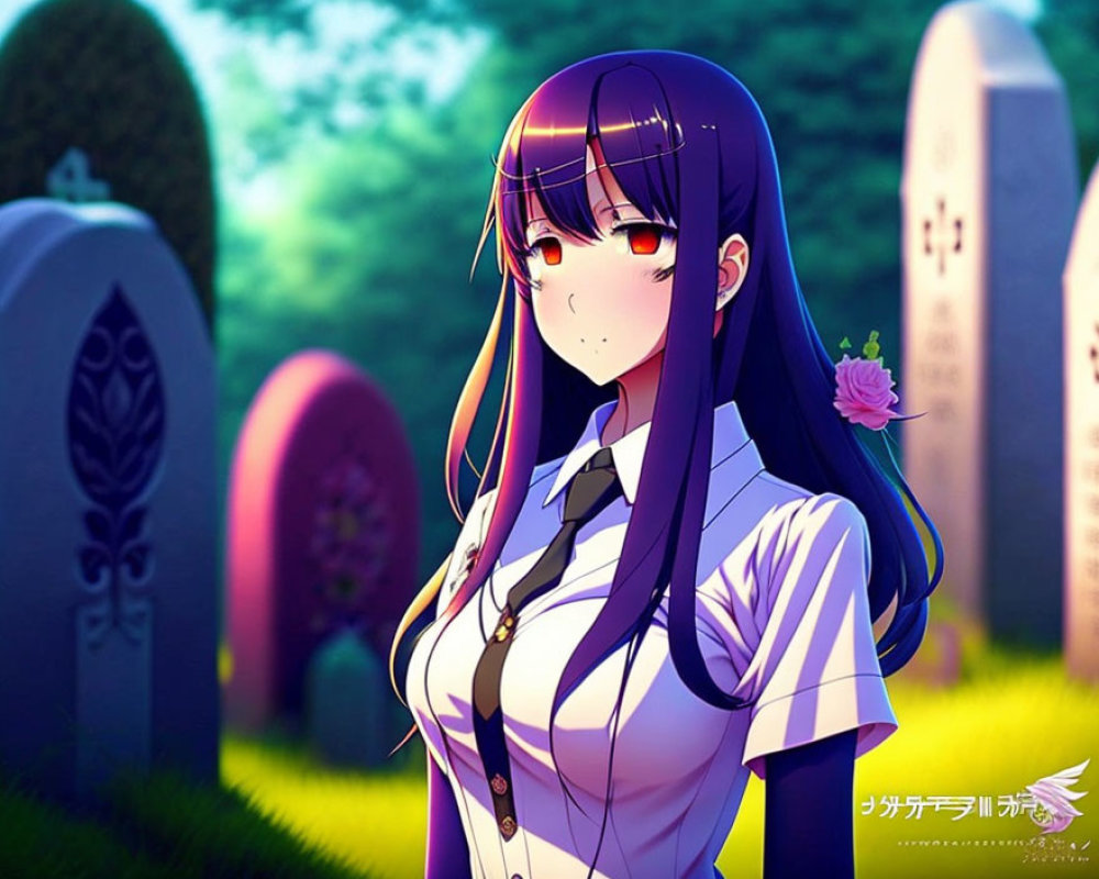Purple-haired anime girl in school uniform at cemetery with colorful tombstones