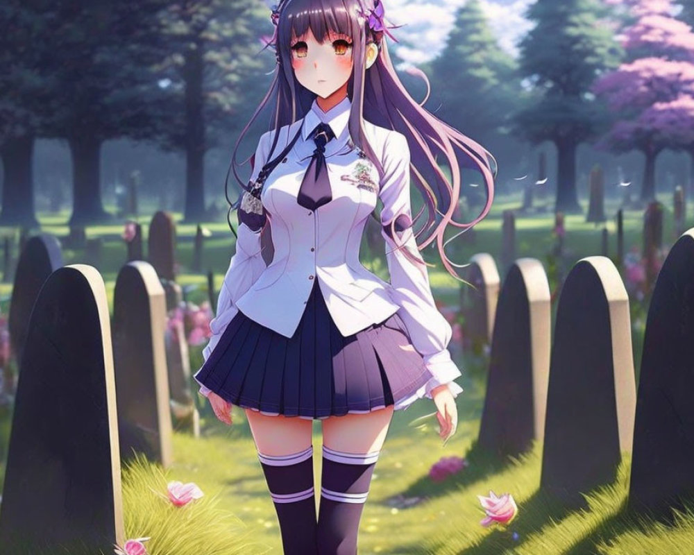Anime girl with long hair in school uniform in serene cemetery with pink blossoming trees.