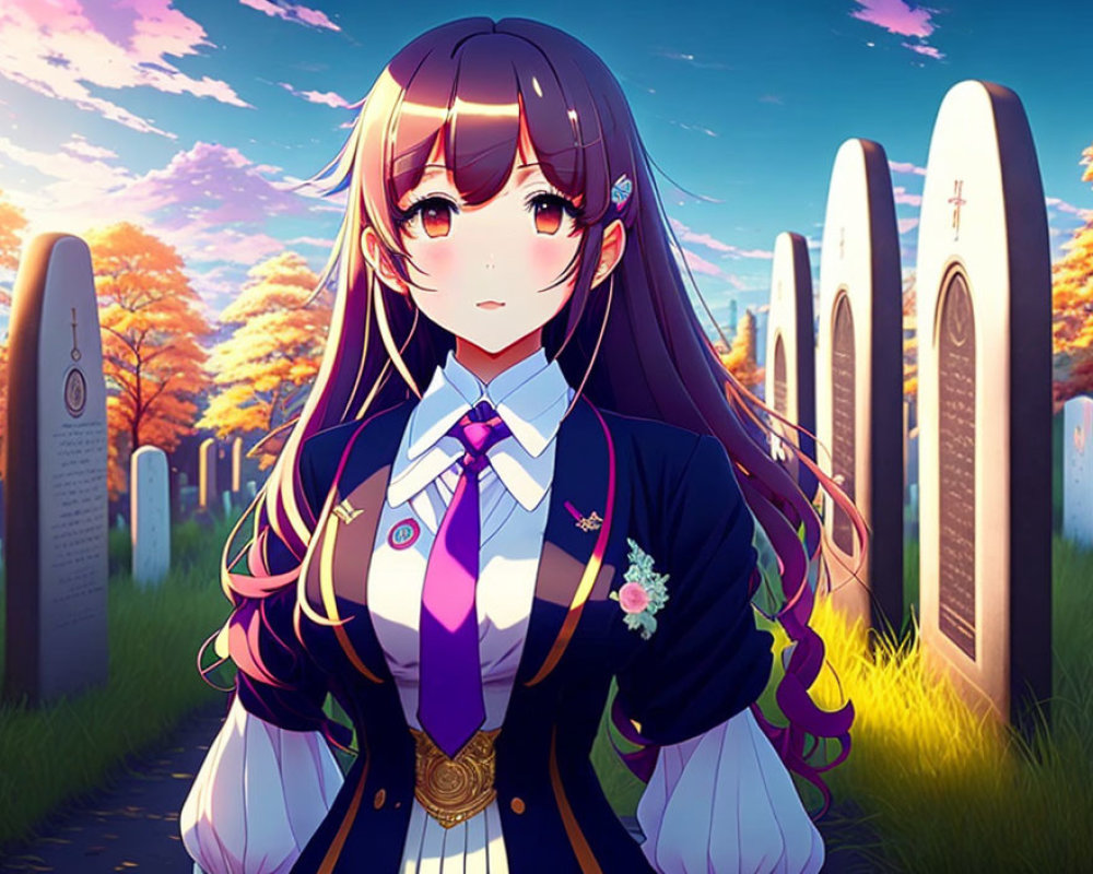 Young animated girl in school uniform at colorful sunset gravesite