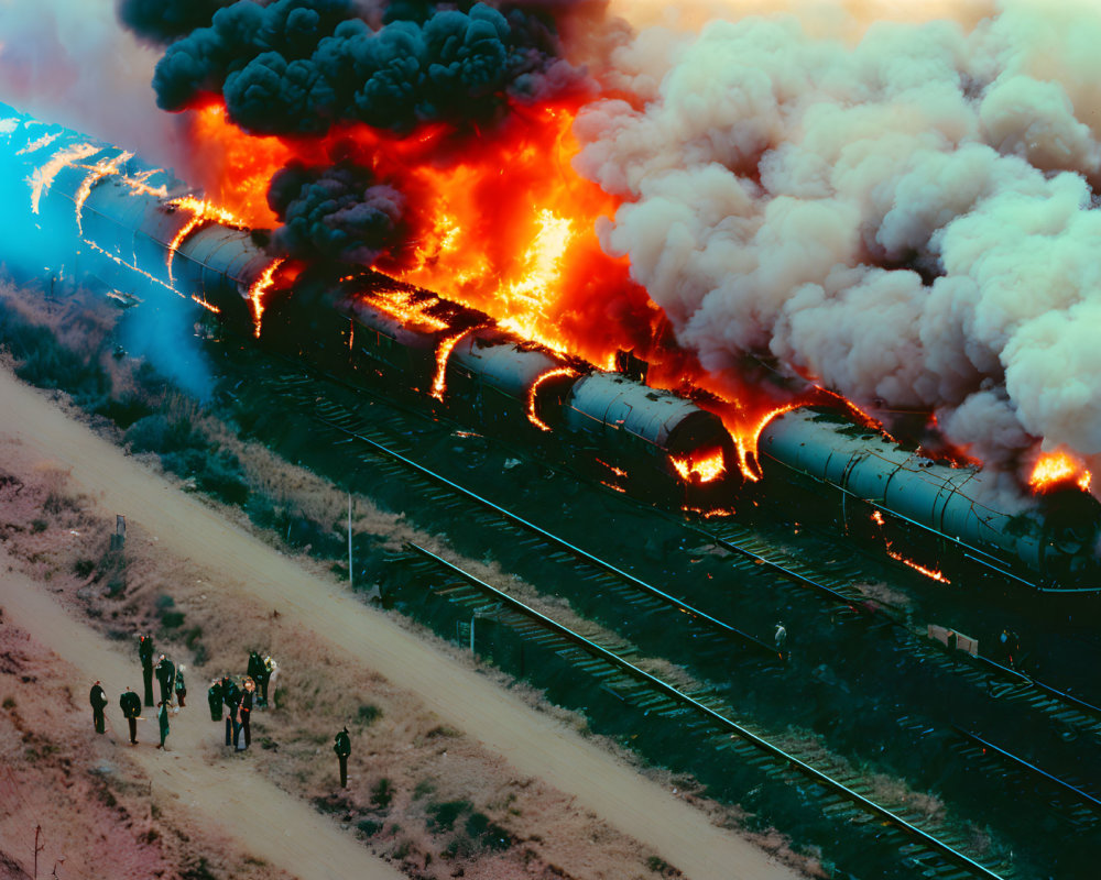 Train derailment causes heavy smoke with onlookers nearby