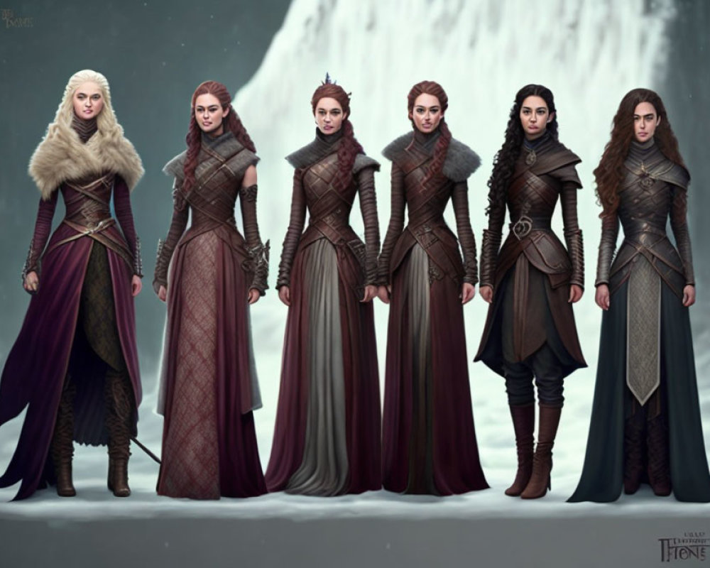 Five Animated Female Characters in Medieval Attire with Snowy Waterfall