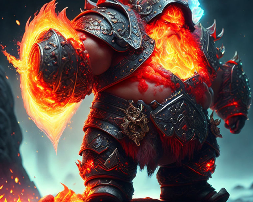 Fiery creature in ornate armor surrounded by volcanic rocks