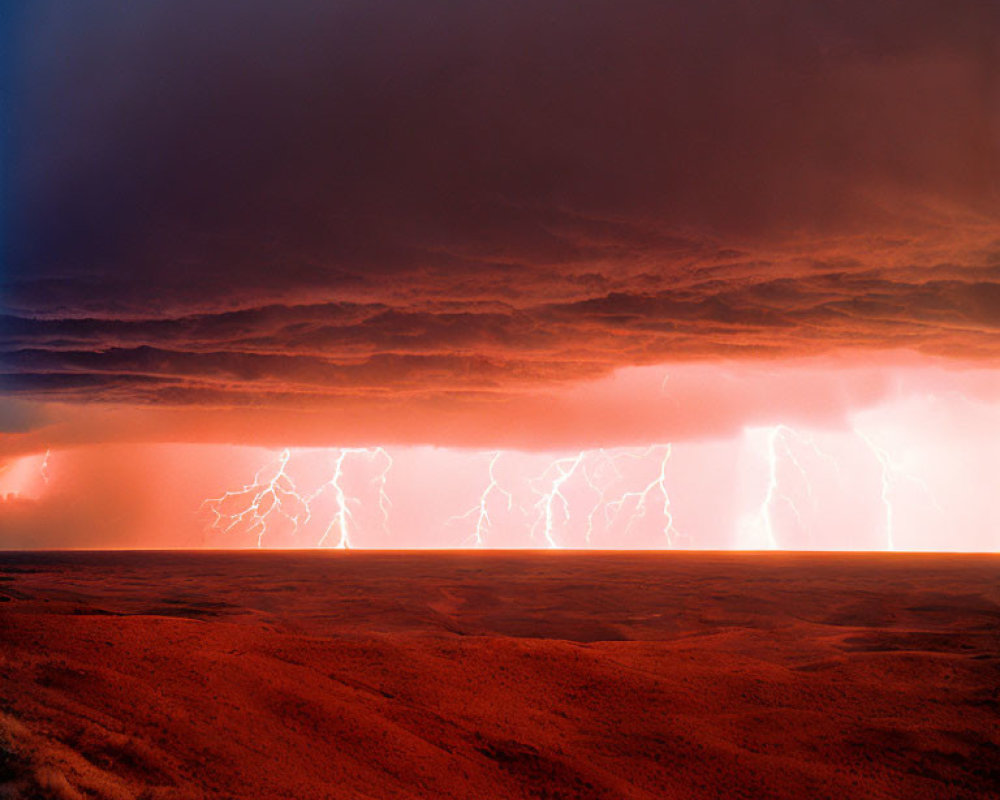 Vibrant thunderstorm with multiple lightning strikes above a reddish plain
