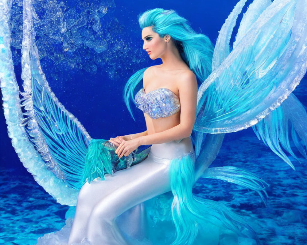 Fantasy image of a mermaid with blue hair and tail on ice throne underwater