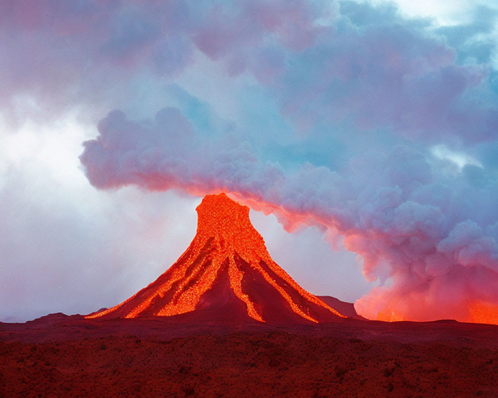Dramatic volcano eruption with lava and smoke under red sky