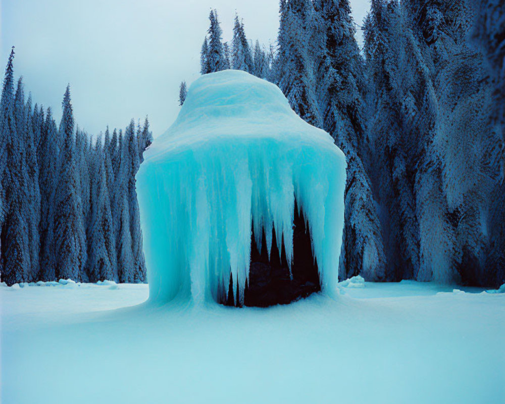 Snow-covered landscape with icy structure and icicles amidst evergreen trees.