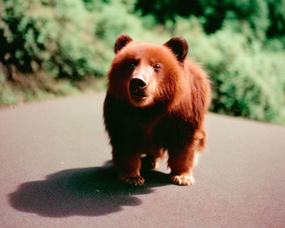 Brown Bear Curious Expression on Road in Lush Greenery