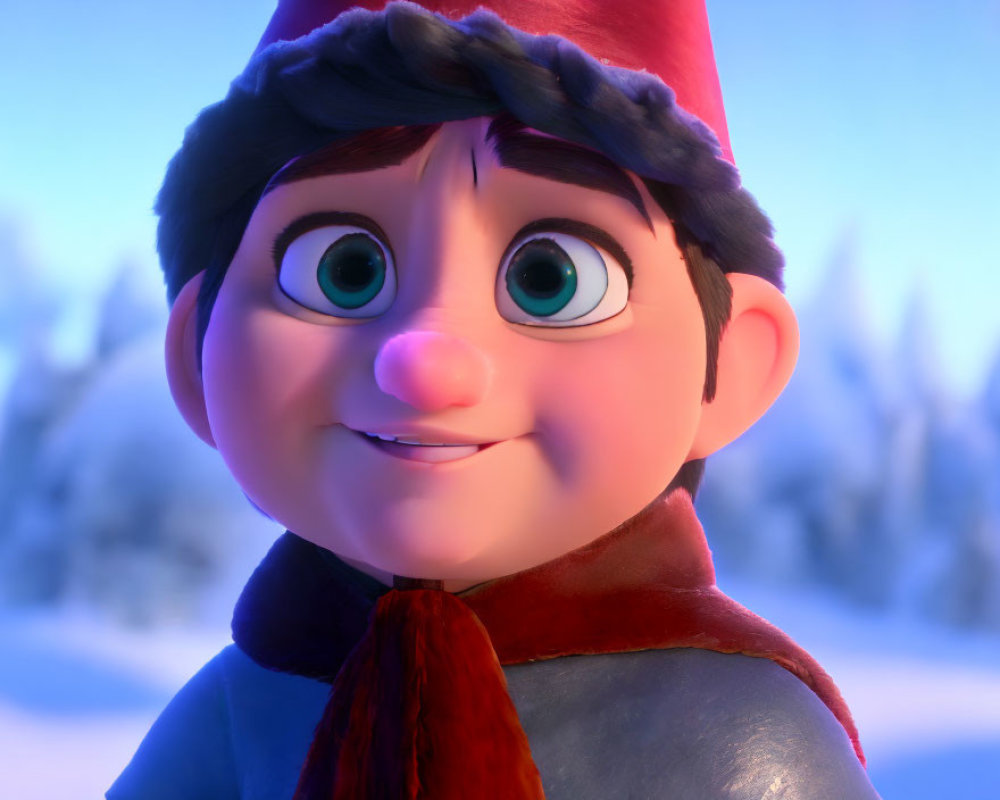 Smiling animated character in red hat and scarf on snowy background