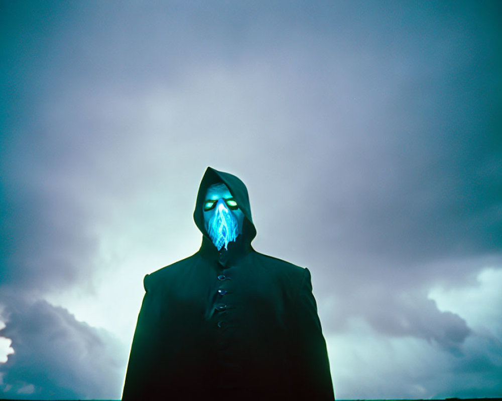 Hooded Figure with Glowing Blue Face Against Stormy Sky