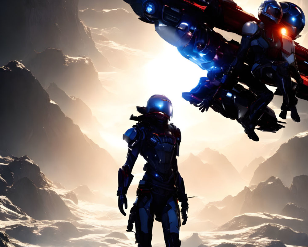 Futuristic armored astronaut gazes at spaceships in rocky terrain