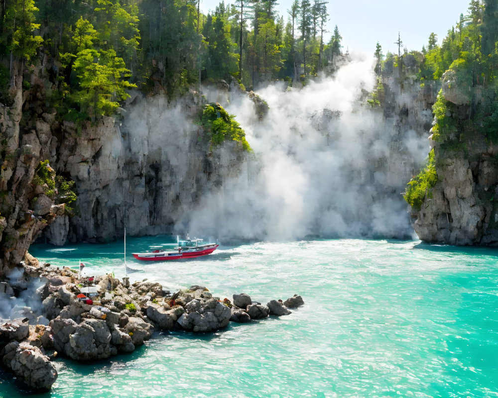 Red Boat Sails Turquoise Waters Near Misty Rocks