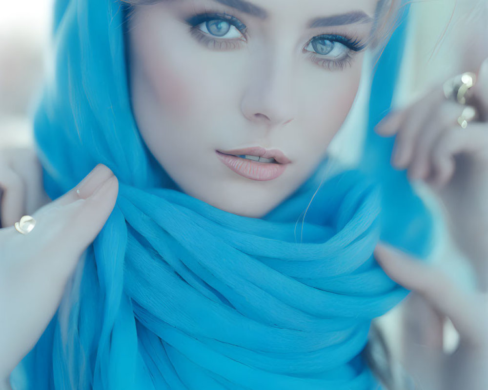 Woman with Blue Scarf and Striking Blue Eyes