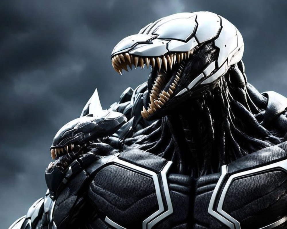 Detailed Venom character close-up with sharp-toothed open mouth and symbiote suit, set against