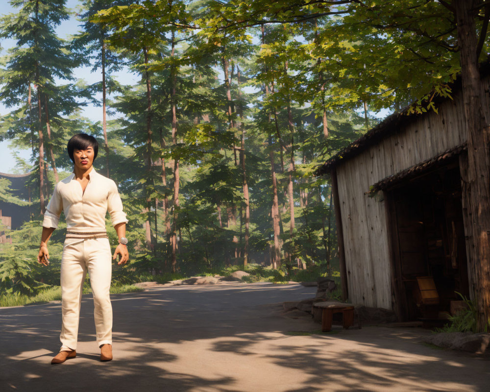 Man in white martial arts uniform near old shed in forest landscape