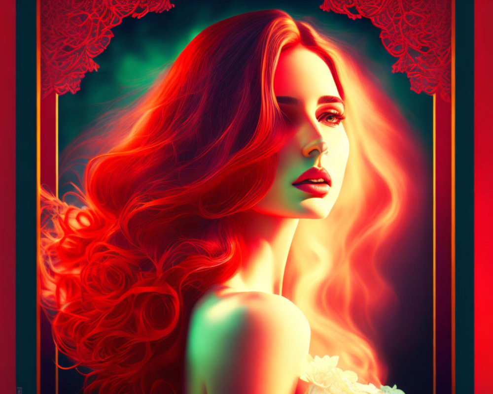 Portrait of woman with red hair and lace curtains in dramatic setting