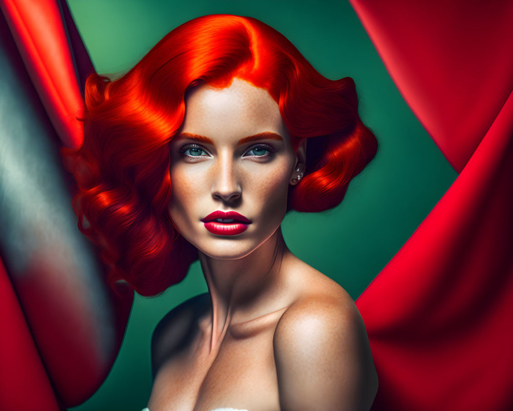 Vibrant red-haired woman with blue eyes against green and red background