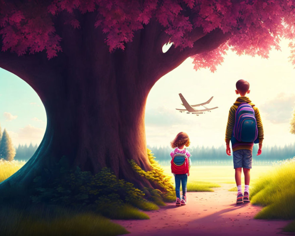 Children with backpacks watching low-flying plane in vibrant landscape