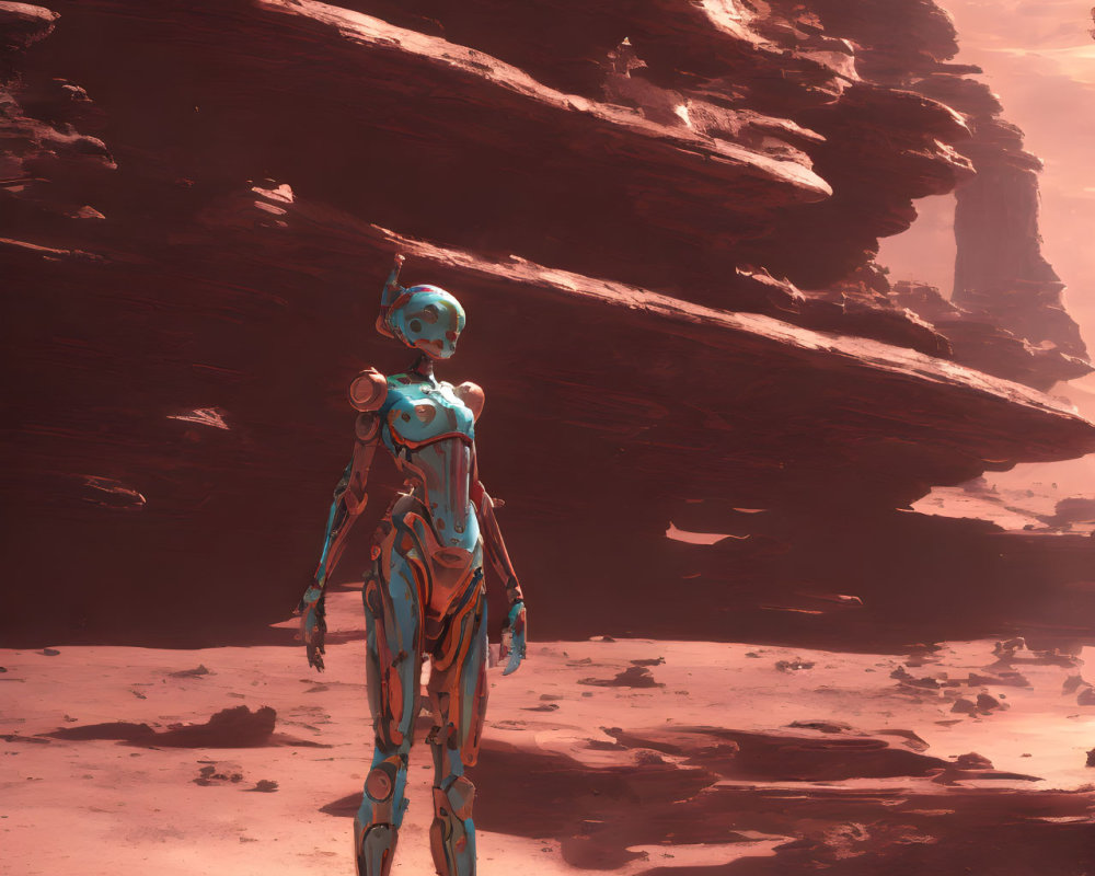 Blue-highlighted humanoid robot on alien landscape with pink sky and cliffs