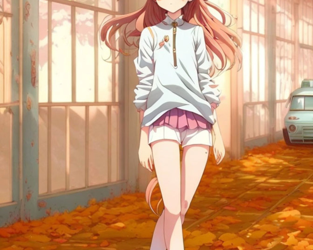 Salmon-Pink Haired Anime Girl in Blue Hoodie and Pink Shorts in Autumn Leaves Corridor