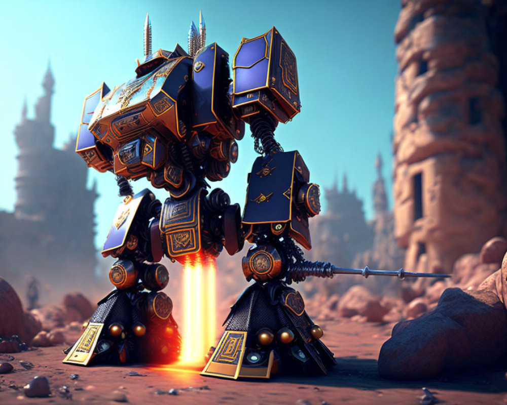Detailed robot knight with lance in desert landscape & ancient buildings.