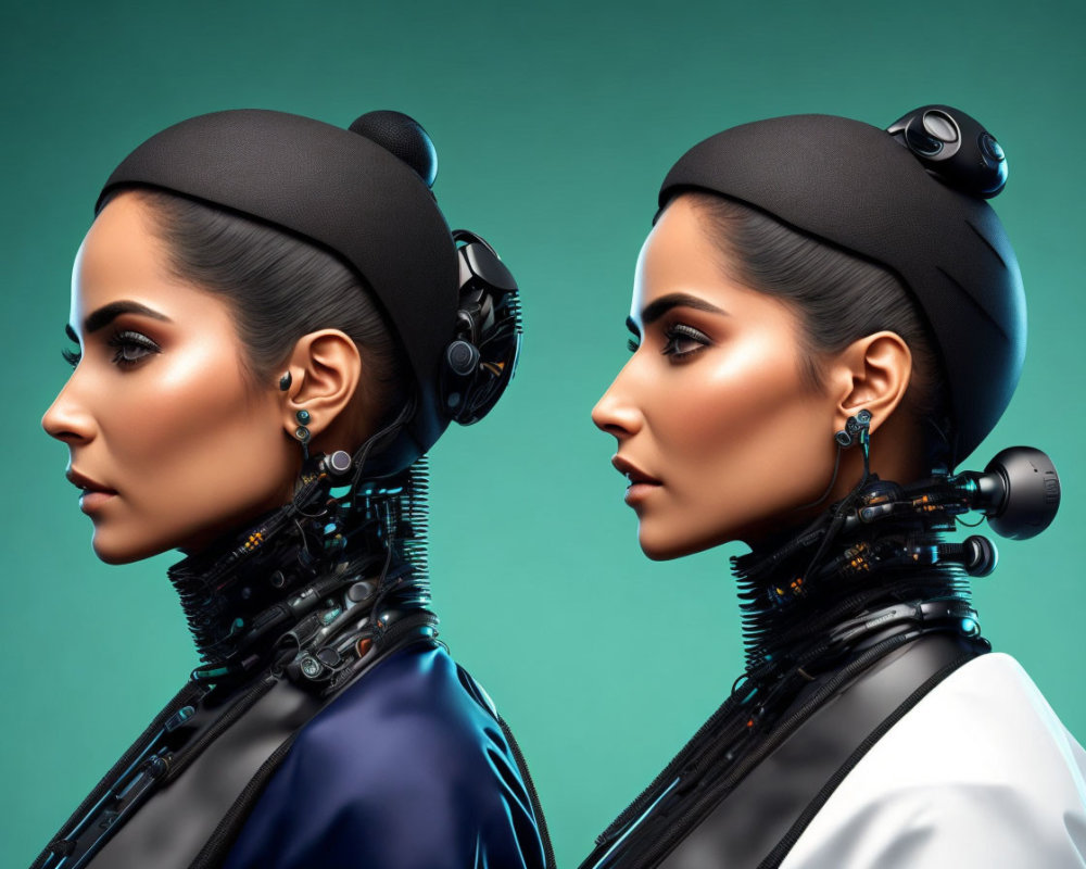 Futuristic cybernetic enhancements on two women against teal background